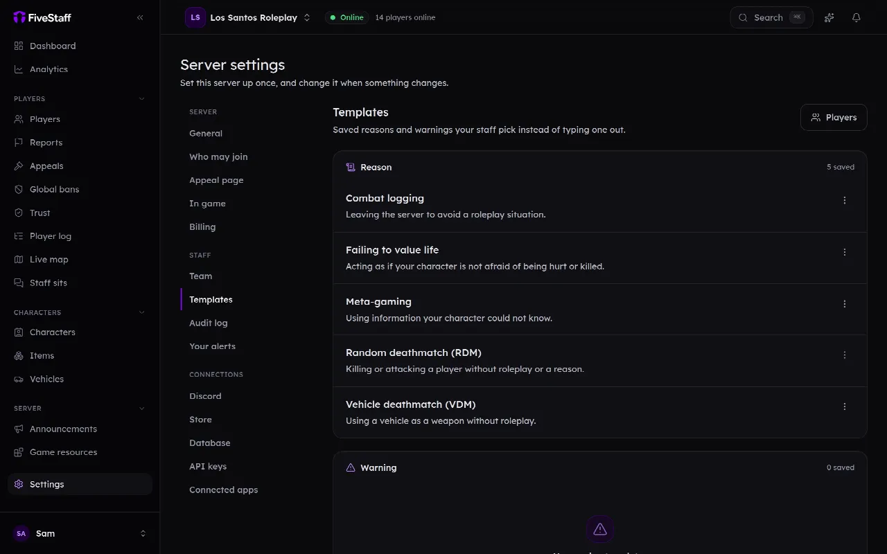 The Templates screen in the FiveStaff panel, with saved reasons and warnings